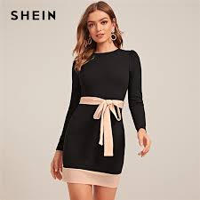 Craquez pour la dentelle avec cette robe moulante à manches longues. Shein Deux Tons Elegant Robe Moulante Avec Ceinture Femmes Printemps Fermeture Eclair Manches Longues Dos Taille Haute Bureau Dame Robes Crayon Courtes Aliexpress
