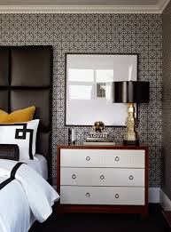 Masculine And Contemporary Bedroom With A Black Leather Headboard The Wallpaper In Black And White With The Black Bedroom Design Home Decor Bedroom Interior