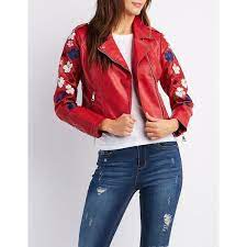 Charlotte Russe Embroidered Faux Leather Moto Jacket 17 Liked On Polyvore Featuring Outerwear Jackets Red Faux Leathe Clothes Design Fashion Red Jacket
