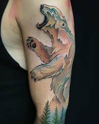 With a polar bear tattoo, other than some highlights, white ink is not used; Polar Bear Tattoo On Half Sleeve By Melissa Fusco