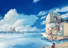 Anime Original Anime House Sea Dog Cat People Wallpaper Anime Scenery Cat And Cloud Anime Places