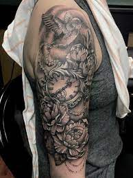 Peony Half Sleeve Tattoo Hummingbird Pocket Watch Black And Grey Tattoo Done By Stephanie Nuzzoli Half Sleeve Tattoo Half Sleeve Tattoos Designs Sleeve Tattoos