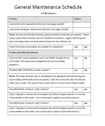 The two maintenance techs would perform the preventative maint/inspection and the office associate would carry the clip board with the detailed inspection form and check off each item, while also noting anything important about the unit for future follow up or note in the resident file. Preventive Maintenance Schedule Free Word Templates