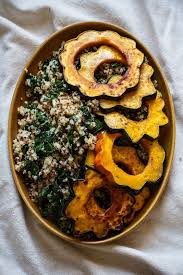 Roasted Acorn Squash And Apples With Quinoa Kale And Tahini Maple Dressing Edible Perspective Vegetarian Main Dishes Food Whole Food Recipes