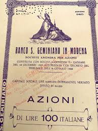 Il banco san geminiano di modena è stato fondato nel 1897 e il banco s.prospero di reggio emilia nel 1899. 1932 Banco Di San Geminiano In Modena 10 Azioni Modena