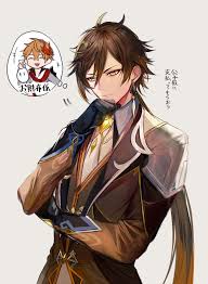 Safebooru 2boys Bangs Black Gloves Black Hair Black Jacket Border0715 Brooch Brown Hair Childe Genshin Impact Clo Anime Guys Character Design Anime Boy