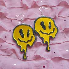 Drippy 90s Smiley Face Earrings Black Glitter And Mirror Etsy In 2020 Face Earrings Weird Jewelry Quirky Earrings