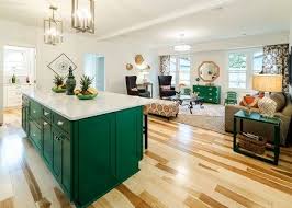 Benjamin Moore Green Bay Walls In White Wisp And Trim In Moonshine Green Kitchen Cabinets Green Kitchen Green Kitchen Island