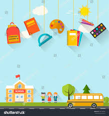 Back To School Background With Hanging Supplies Set Children School Building And Bus Vector Illustration Can Be Used Back To School School Building School