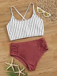 Striped Ruched High Waisted Tankini Swimsuit Cute Bathing Suits Trendy Swimsuits Swimsuits High Waisted