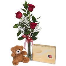 Flowers and chocolate delivery toronto. 3 Red Roses Teddy Bear Lindt Chocolates Sweet Romance