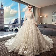 Luxus Herrlich Beige Brautkleider Hochzeitskleider 2019 A Linie Rundhalsausschnitt Perlenstickerei Perle Pailletten Spitze Blumen Lange Armel
