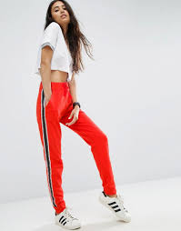Black And Red Joggers Womens Buy It Now Asos Joggers With Contrast Side Stripe Red Sweatpants By Asos Collection Soft Touch Sweat Drawstring Waist Fashion Red Joggers Clothes For Women