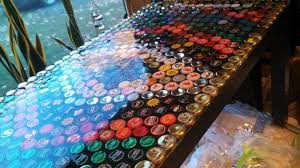 Bottle Cap Table With Poured Resin Surface Bottle Cap Table Bottle Cap Projects Beer Cap Table