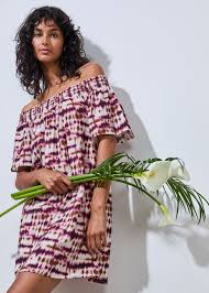 Short off-shoulder dress with burgundy tie & dye print - La Fée Maraboutée