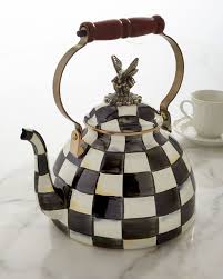 Black And White Teapot On Kardashians Mackenzie Childs Courtly Check 3 Quart Tea Kettle With Butterfly By Mackenzie Childs Tea Kettle Mackenzie Childs Kettle