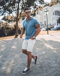 How To Wear Light Blue Polo White Shorts Dark Brown Low Top Sneakers Silver Watch Summer Outfits Men Mens Summer Outfits Streetwear Summer