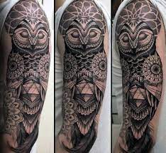 Commissioned half sleeve tattoo design of an owl head and tree line. 80 Geometric Owl Tattoo Designs For Men Shape Ink Ideas Geometric Owl Tattoo Owl Tattoo Design Geometric Owl