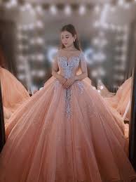 Brides in search of the perfect shimmering. Princess Pastel Pink Off The Shoulder Beaded Bodice Sparkle Ball Gown Wedding Dress With Short Train