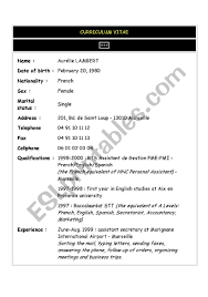 Tips and examples of how to put skills and achievements on a. How To Write A Curriculum Vitae Esl Worksheet By Sebastien
