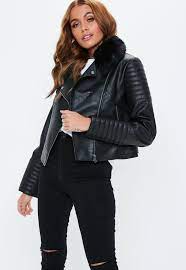 Black Faux Leather Biker Jacket With Faux Fur Collar Dresses Casual Winter Faux Leather Biker Jacket Casual Dresses