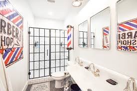 I Designed My Boys Bathroom With A Vintage Barbershop Theme Each Of My Boys Have Their Own Recessed Me Boys Bathroom Shower Door Designs Master Bathroom Decor