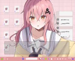 shima (fm 90mhz), mukou aoi (totono), kimi to kanojo to kanojo no koi.,  nitroplus, highres, dialogue box, hair ornament, hairpin, long hair,  looking at viewer, monitor, open mouth, orange eyes, pink background,