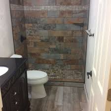 We Installed Slate Tiles With Mosaic Shower Base And Weathered Wood Look Ceramic Tile Floor Bigbearremodeli Wood Look Tile Bathroom Remodel Bathrooms Remodel