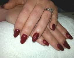 Amore Elite Red Wine Almond Shaped Sculptured Gel Nails Red Nails Nails Design With Rhinestones Nails