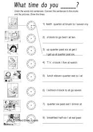 Daily Routines And Telling Time Rearrange The Words To Form A Sentence Draw The Correct Time Time Worksheets Telling Time Worksheets Daily Routine Worksheet