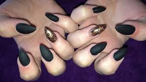 Black Acrylic Nails With Glitter On Ring Finger Matte Black Almond Shape Acrylic Nail Extension With Glitter Gold Ring Finger And Leopard Print Nail Extensions Nails Acrylic Nails