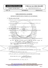 Mathematics Formula For Class Xii Three Dimensional Geometry