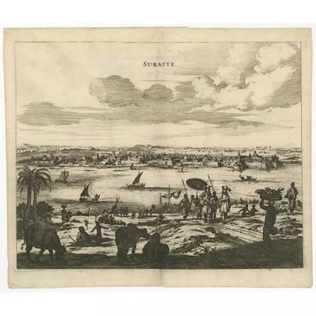 Antique Print of Suratte by Baldaeus (1672)