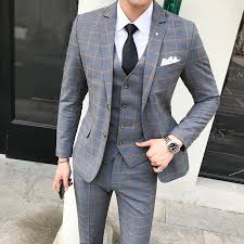 British Plaid Men S Suit Sets 2019 Autumn New Formal Party Prom Wedding Dress Clothing High Quality 3pcs Jacket Vest Pant
