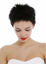 Short, spiky hairstyles are very popular with women because they can suit so many styles!an edgy, punky style goes brilliantly with short spiky hair, but it is also a great short haircut for older women who don't want to keep their hair long. Wig Me Up M276 Hh 1 Wig Human Hair Unisex Women Men Short Frayed Spiky 80s Style Pixie Cut Micro Fring Bangs Black