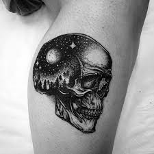 Skull With Outer Space Sky Coolest Guys Small Side Of Leg Tattoos Cool Small Tattoos Tattoos For Guys Small Tattoos