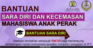 Bantuan kewangan bertujuan untuk mengurangkan beban golongan b40 iaitu golongan yang berpendapatan rendah di malaysia. Permohonan Bantuan Sara Diri Kecemasan Mahasiswa Anak Perak Di Buka