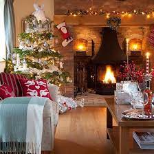Christmas Living Room With Brick Fireplace Decorating Ideal Home Christmas Decorations Living Room Christmas Interiors Christmas Living Rooms