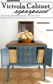 See how to repurpose an entertainment cabinet top into a beautiful farmhouse cabinet by flipping it upside down. Kammy S Korner Victrola Cabinet Repurposed Blue Harlequin