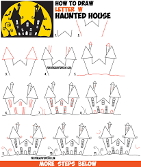 How To Draw A Cartoon Haunted House Step By Step In Silhouette With Bats From The Letter W - Easy For Kids For Halloween - How To Draw Step By Step Drawing