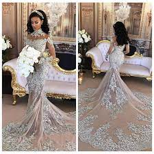 High Neck Bling Bling Mermaid Wedding Dress 2021 Sheer Lace Appliques Slim Custom Long Sleeves Fishtail Bridal Gowns Crystal Beaded Halter Top Wedding Dresses L Bling Wedding Dress Lace Mermaid Wedding