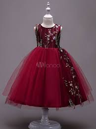 Flower Girl Dresses Lace Embroidered Kids Tutu Dress Tulle Sleeveless Burgundy Little Girls Party Dress Flower Girl Dress Lace Tulle Party Dress Girls Ball Gown