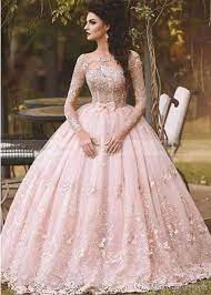Discount Vestido De Novia 2017 Country Blush Pink Lace Ball Gown Wedding Dress Long Sleeves Boat Neck 3d Flo Prom Dresses Long With Sleeves Gowns Ball Dresses