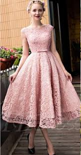 New Blush Pink Elegant Tea Length Full Lace Prom Dress Bateau Neck Cap Sleeves Homecoming Gown Dubai With Bow Tea Length Prom Dress Vintage Style Prom Dresses Tea Length Dresses