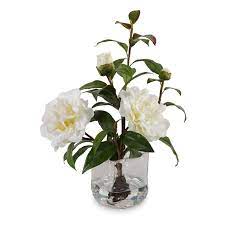 Artificial Camellia Flower Cuttings With Realistic Flowers Buds And Leaves Rest In Clear Acrylic Water Clear Glass Vases Faux Floral Arrangement Faux Florals