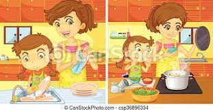Helping mother in kitchen clipart. Girl Helping Mom In The Kitchen Illustration Canstock
