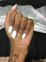 White Matte Powder Acrylic Nails With Incapsulated Gold Flakes White Acrylic Nails White Nails With Gold Remove Acrylic Nails
