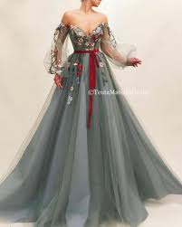 Details Grey Sky Fabric Tulle Dress Fabric Handmade Embroidered Red Wild Flowers And Red Velvet B Fashion Dress Party Prom Dresses Long Elegant Dresses