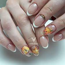 French Manicure With An Umbrella And Fall Leaves Fall Leaves Nail Art Fall Nail Art Designs Cute Nail Art Designs