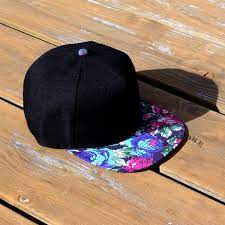 Black Snapback Hat With Multi Color Vintage Floral Brim Blank Cap Custom Embroidery Available Black Snapback Hats Snapback Hats Swag Hats